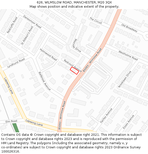 626, WILMSLOW ROAD, MANCHESTER, M20 3QX: Location map and indicative extent of plot