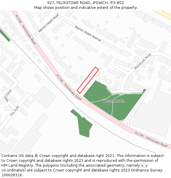 627, FELIXSTOWE ROAD, IPSWICH, IP3 8SZ: Location map and indicative extent of plot