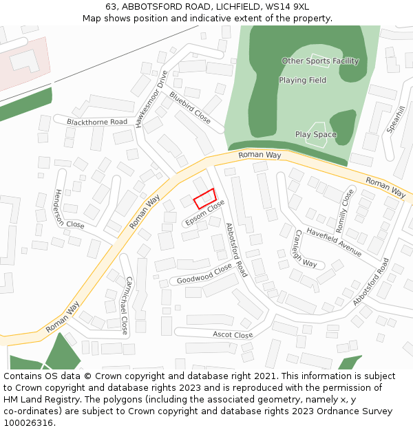 63, ABBOTSFORD ROAD, LICHFIELD, WS14 9XL: Location map and indicative extent of plot