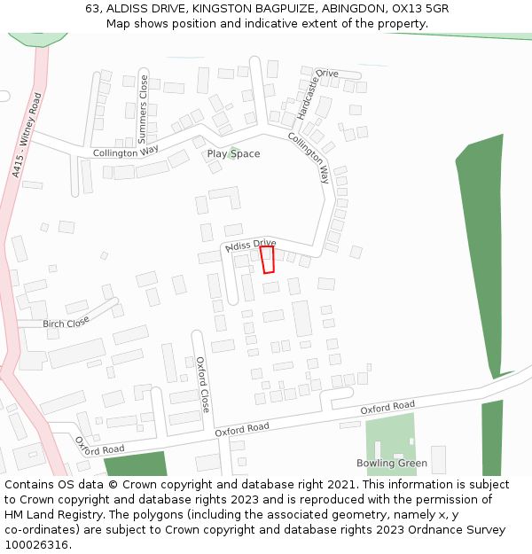 63, ALDISS DRIVE, KINGSTON BAGPUIZE, ABINGDON, OX13 5GR: Location map and indicative extent of plot