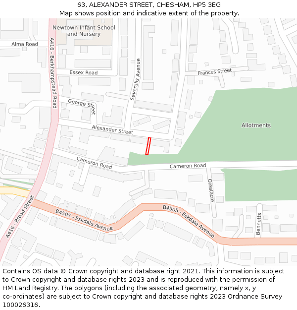 63, ALEXANDER STREET, CHESHAM, HP5 3EG: Location map and indicative extent of plot