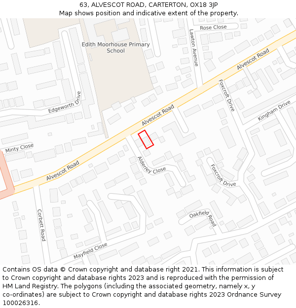 63, ALVESCOT ROAD, CARTERTON, OX18 3JP: Location map and indicative extent of plot
