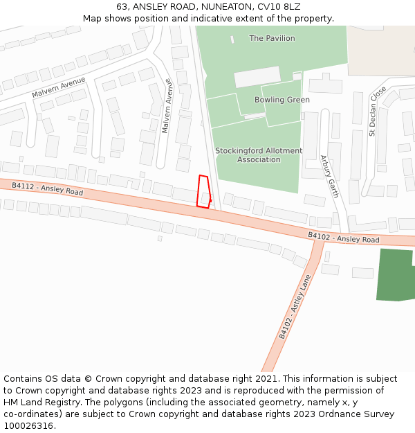 63, ANSLEY ROAD, NUNEATON, CV10 8LZ: Location map and indicative extent of plot