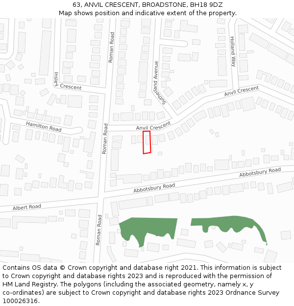 63, ANVIL CRESCENT, BROADSTONE, BH18 9DZ: Location map and indicative extent of plot