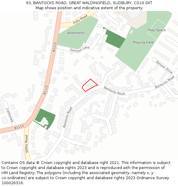 63, BANTOCKS ROAD, GREAT WALDINGFIELD, SUDBURY, CO10 0XT: Location map and indicative extent of plot