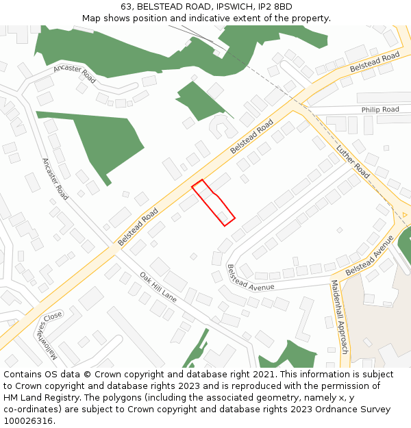 63, BELSTEAD ROAD, IPSWICH, IP2 8BD: Location map and indicative extent of plot