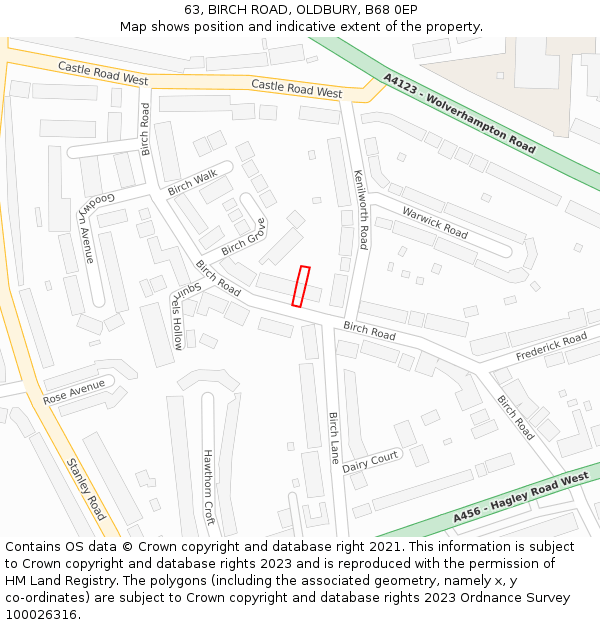63, BIRCH ROAD, OLDBURY, B68 0EP: Location map and indicative extent of plot