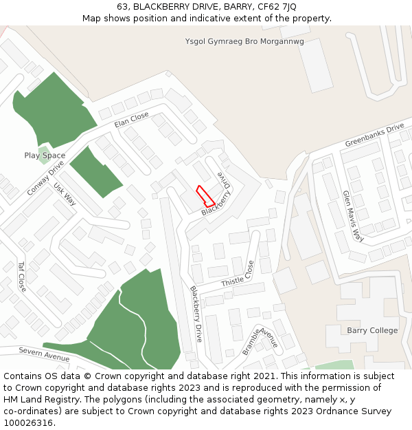63, BLACKBERRY DRIVE, BARRY, CF62 7JQ: Location map and indicative extent of plot