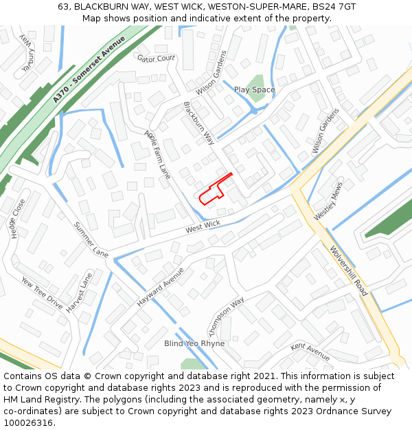 63, BLACKBURN WAY, WEST WICK, WESTON-SUPER-MARE, BS24 7GT: Location map and indicative extent of plot
