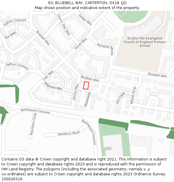 63, BLUEBELL WAY, CARTERTON, OX18 1JG: Location map and indicative extent of plot