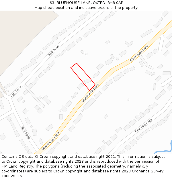 63, BLUEHOUSE LANE, OXTED, RH8 0AP: Location map and indicative extent of plot