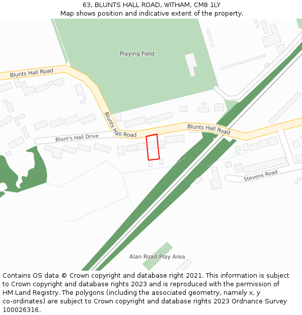 63, BLUNTS HALL ROAD, WITHAM, CM8 1LY: Location map and indicative extent of plot