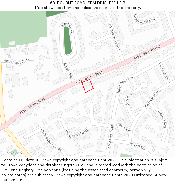 63, BOURNE ROAD, SPALDING, PE11 1JR: Location map and indicative extent of plot