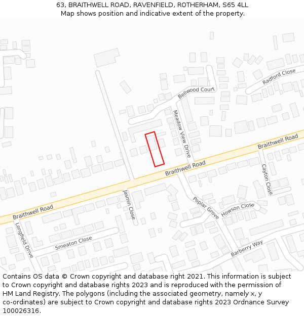 63, BRAITHWELL ROAD, RAVENFIELD, ROTHERHAM, S65 4LL: Location map and indicative extent of plot