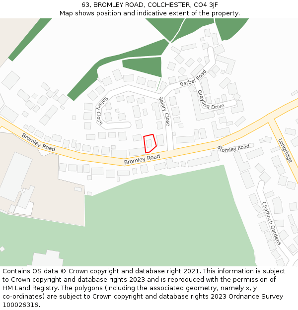 63, BROMLEY ROAD, COLCHESTER, CO4 3JF: Location map and indicative extent of plot