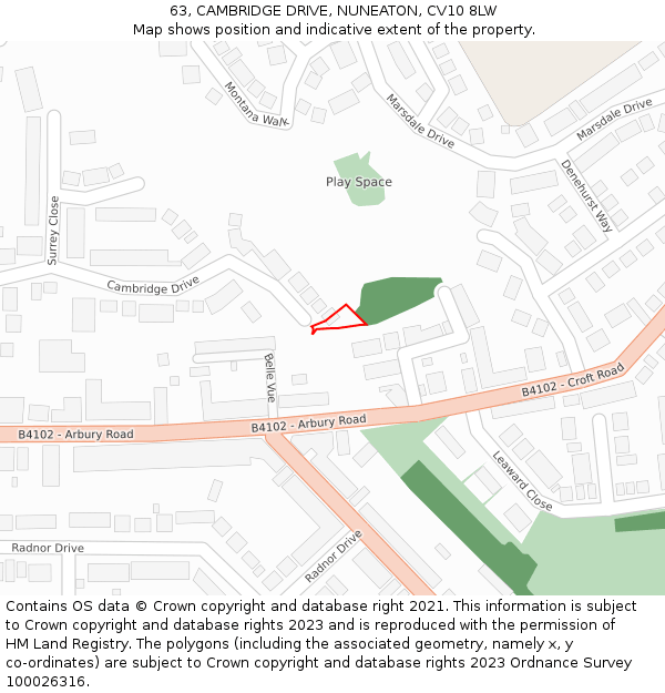 63, CAMBRIDGE DRIVE, NUNEATON, CV10 8LW: Location map and indicative extent of plot