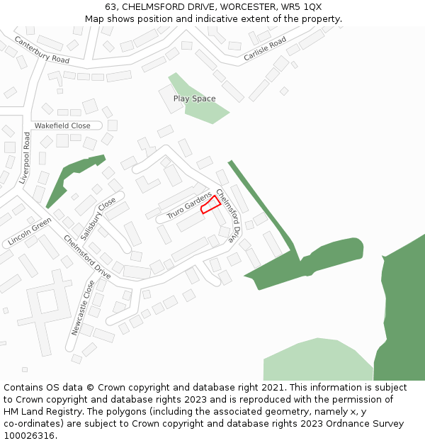 63, CHELMSFORD DRIVE, WORCESTER, WR5 1QX: Location map and indicative extent of plot
