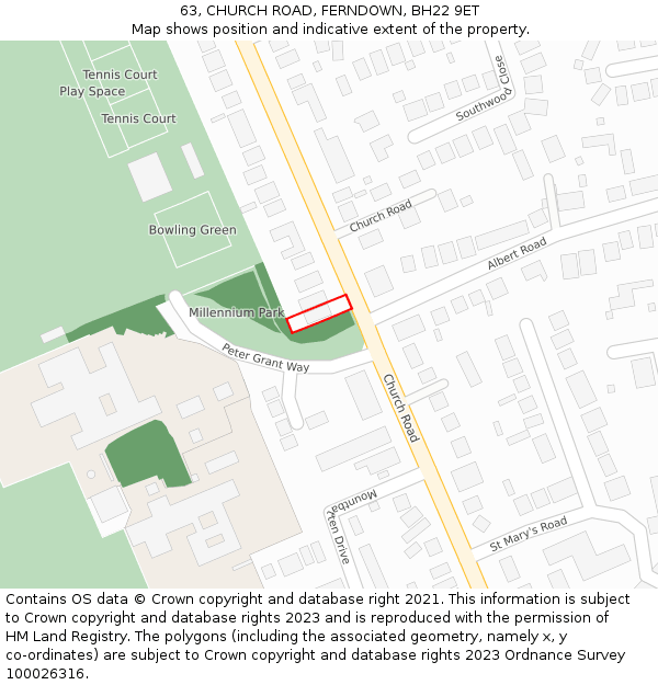 63, CHURCH ROAD, FERNDOWN, BH22 9ET: Location map and indicative extent of plot