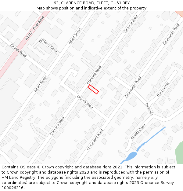 63, CLARENCE ROAD, FLEET, GU51 3RY: Location map and indicative extent of plot