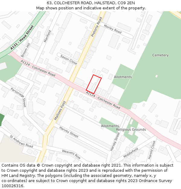 63, COLCHESTER ROAD, HALSTEAD, CO9 2EN: Location map and indicative extent of plot