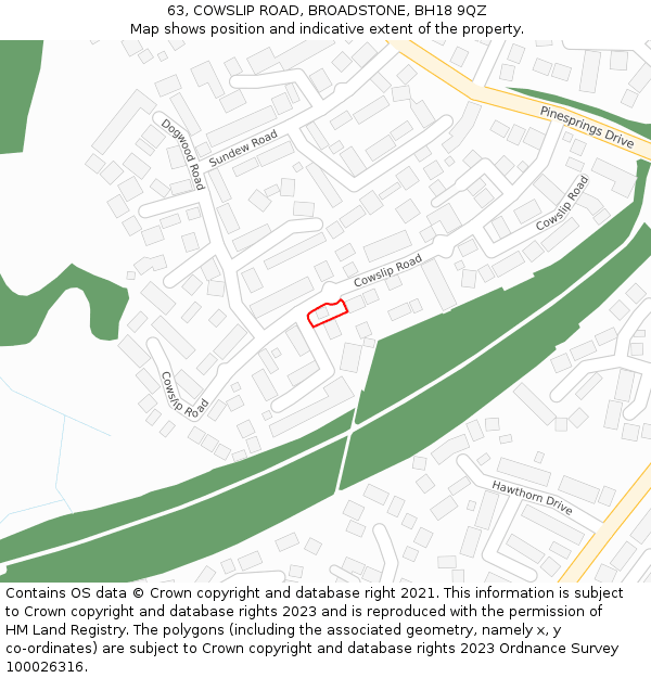 63, COWSLIP ROAD, BROADSTONE, BH18 9QZ: Location map and indicative extent of plot