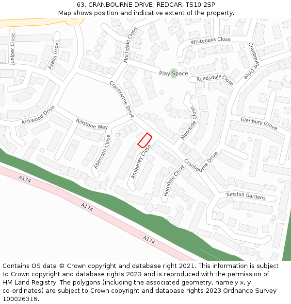 63, CRANBOURNE DRIVE, REDCAR, TS10 2SP: Location map and indicative extent of plot