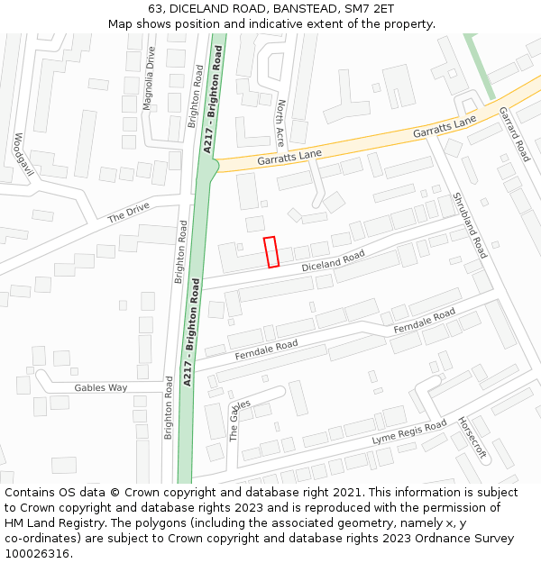 63, DICELAND ROAD, BANSTEAD, SM7 2ET: Location map and indicative extent of plot