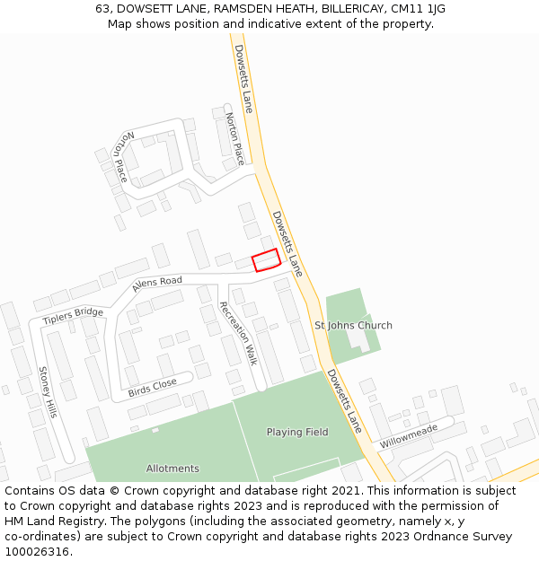63, DOWSETT LANE, RAMSDEN HEATH, BILLERICAY, CM11 1JG: Location map and indicative extent of plot