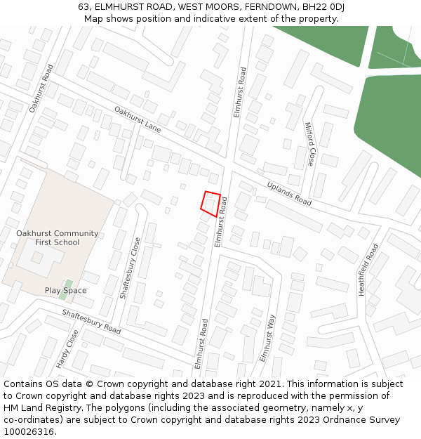 63, ELMHURST ROAD, WEST MOORS, FERNDOWN, BH22 0DJ: Location map and indicative extent of plot