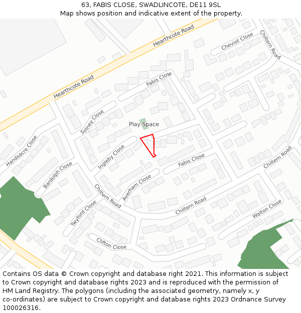 63, FABIS CLOSE, SWADLINCOTE, DE11 9SL: Location map and indicative extent of plot