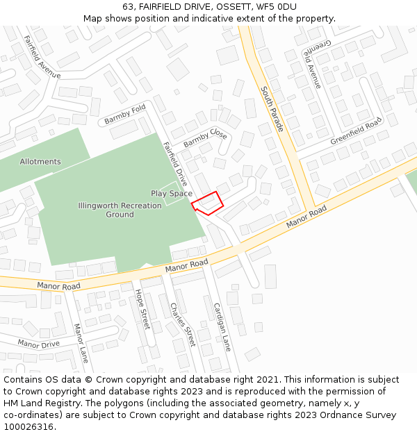 63, FAIRFIELD DRIVE, OSSETT, WF5 0DU: Location map and indicative extent of plot