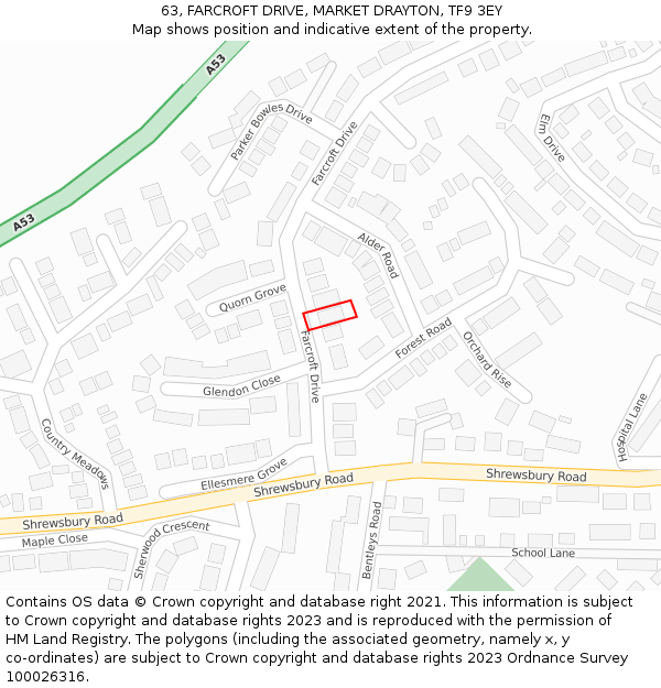 63, FARCROFT DRIVE, MARKET DRAYTON, TF9 3EY: Location map and indicative extent of plot