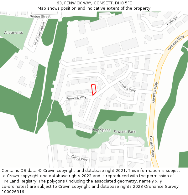 63, FENWICK WAY, CONSETT, DH8 5FE: Location map and indicative extent of plot