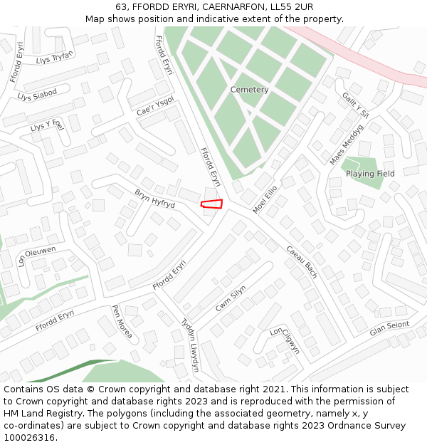 63, FFORDD ERYRI, CAERNARFON, LL55 2UR: Location map and indicative extent of plot