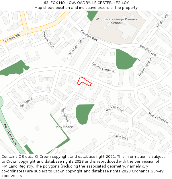 63, FOX HOLLOW, OADBY, LEICESTER, LE2 4QY: Location map and indicative extent of plot