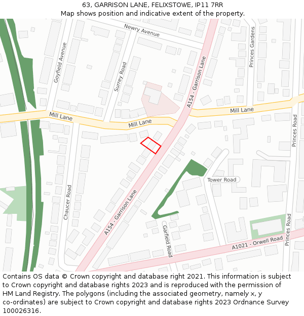 63, GARRISON LANE, FELIXSTOWE, IP11 7RR: Location map and indicative extent of plot