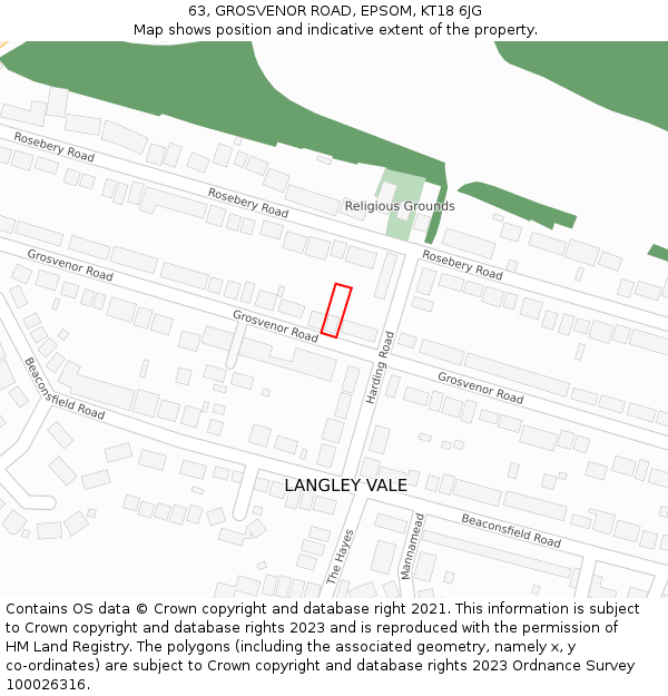 63, GROSVENOR ROAD, EPSOM, KT18 6JG: Location map and indicative extent of plot