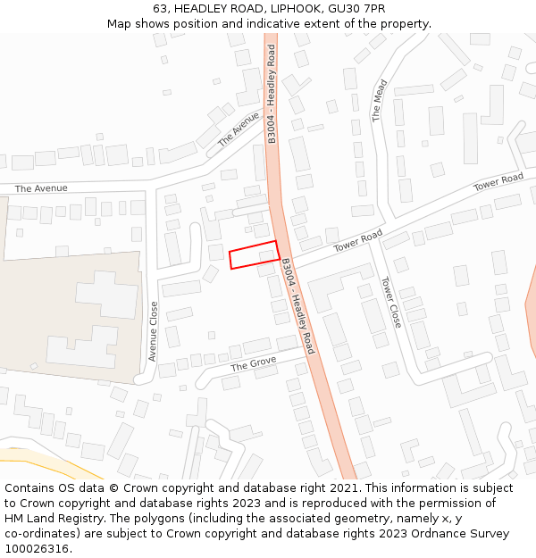 63, HEADLEY ROAD, LIPHOOK, GU30 7PR: Location map and indicative extent of plot