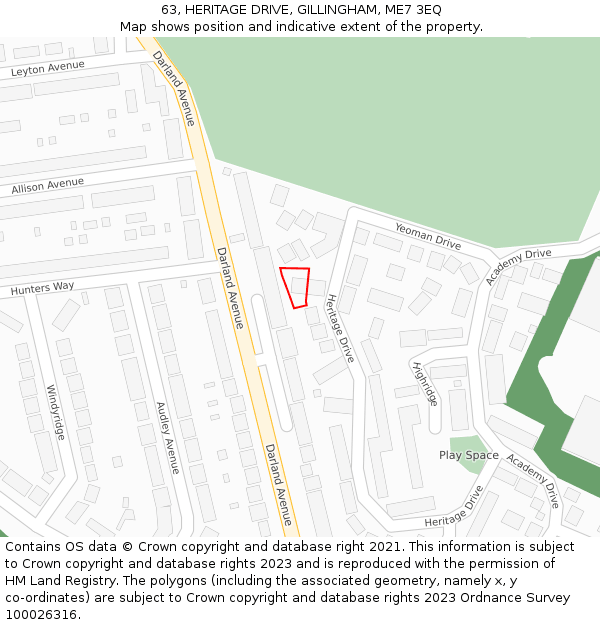 63, HERITAGE DRIVE, GILLINGHAM, ME7 3EQ: Location map and indicative extent of plot