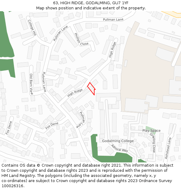 63, HIGH RIDGE, GODALMING, GU7 1YF: Location map and indicative extent of plot