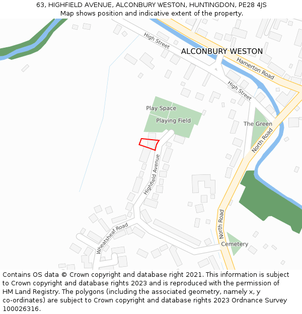 63, HIGHFIELD AVENUE, ALCONBURY WESTON, HUNTINGDON, PE28 4JS: Location map and indicative extent of plot