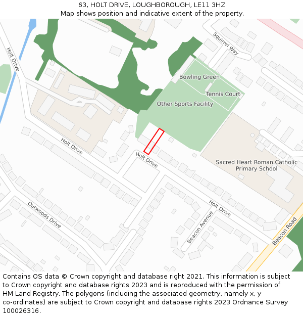 63, HOLT DRIVE, LOUGHBOROUGH, LE11 3HZ: Location map and indicative extent of plot