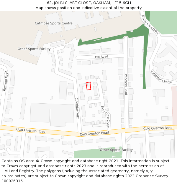 63, JOHN CLARE CLOSE, OAKHAM, LE15 6GH: Location map and indicative extent of plot