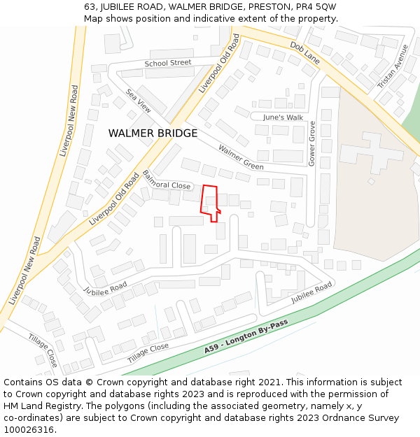 63, JUBILEE ROAD, WALMER BRIDGE, PRESTON, PR4 5QW: Location map and indicative extent of plot