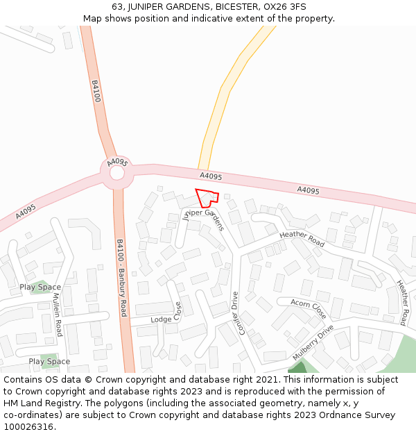 63, JUNIPER GARDENS, BICESTER, OX26 3FS: Location map and indicative extent of plot