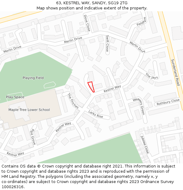 63, KESTREL WAY, SANDY, SG19 2TG: Location map and indicative extent of plot