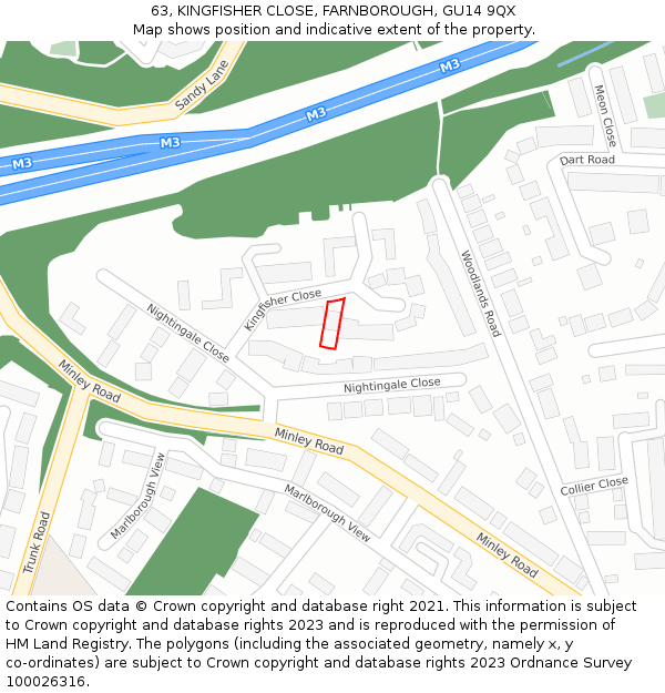 63, KINGFISHER CLOSE, FARNBOROUGH, GU14 9QX: Location map and indicative extent of plot