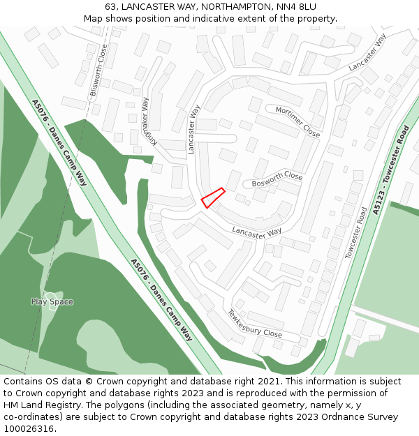 63, LANCASTER WAY, NORTHAMPTON, NN4 8LU: Location map and indicative extent of plot
