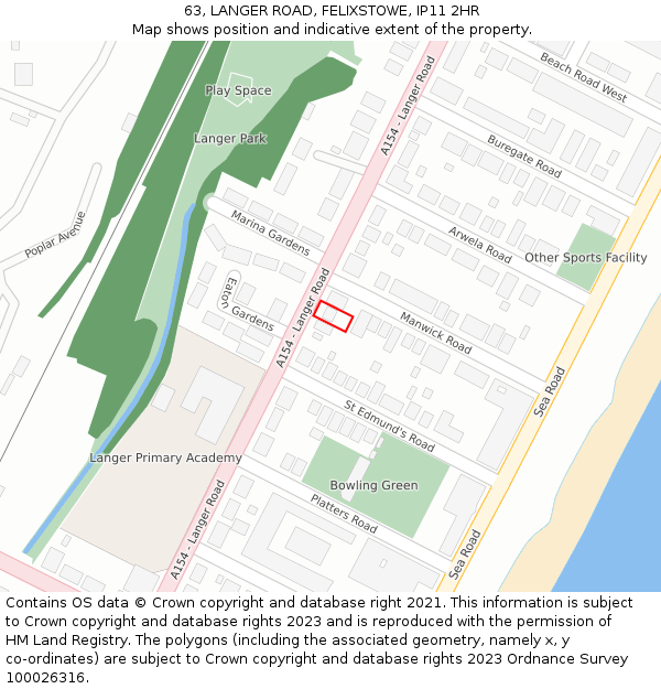 63, LANGER ROAD, FELIXSTOWE, IP11 2HR: Location map and indicative extent of plot