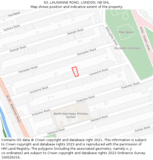 63, LAUSANNE ROAD, LONDON, N8 0HL: Location map and indicative extent of plot